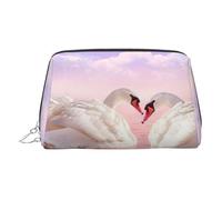 Swan Heart Print Premium Leather Toiletry Travel Pouch with Waterproof Portable Pouch Open Flat Makeup Bag