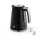 Swan Hexton 1.7L Electric Kettle, 3KW Rapid Boil, Flip Top Lid, Removable Limescale Filter, 360-Degree Base, Cord Storage, Black with Chrome Accents, SK19038BLK