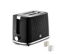 Swan Hexton 2 Slice Toaster, Variable Width Slots, 7 Browning Levels, Cancel/Reheat/Defrost, Removable Crumb Tray, Cord Storage, 900W, Black with Chrome Accents, ST19037BLK