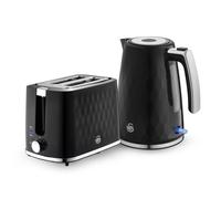 Swan Hexton Kitchen Set, 1.7L Rapid Boil Kettle, 3000W, and 2 Slice Toaster with 7 Browning Levels, 900W, Black with Chrome Accents, SK19038BLK & ST19037BLK
