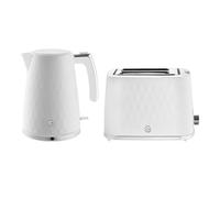 Swan Hexton Kitchen Set, 1.7L Rapid Boil Kettle, 3000W, and 2 Slice Toaster with 7 Browning Levels, 900W, White with Chrome Accents, SK19038WHT & ST19037WHT