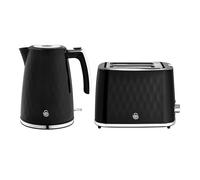 Swan Hexton Kitchen Set, 1.7L Rapid Boil Kettle, 3000W, and 2 Slice Toaster with 7 Browning Levels, 900W, Black with Chrome Accents, SK19038BLK & ST19037BLK