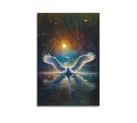 Swan in Enchanted Lake at Dusk Wall Art, Mystical Print, Nature Poster, Captivating Canvas Picture, Awe - Inspiring Decor for Bedroom Living Room Artistic Wall Mural Modern Hanging Decor Poster20x30in