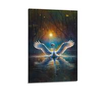 Swan in Enchanted Lake at Dusk Wall Art, Mystical Print, Nature Poster, Captivating Canvas Picture, Awe - Inspiring Decor for Bedroom Living Room Artistic Wall Mural Modern Hanging Decor Poster20x30in