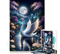 Swan in Magic Lake Under Full Moon Jigsaw Puzzle 1000 Piece for Adults Strong Logic Toy Anxiety Relief Clear Edge Festival Gift (50x75cm)