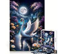 Swan in Magic Lake Under Full Moon Jigsaw Puzzle 1000 Piece for Adults Strong Logic Toy Anxiety Relief Clear Edge Festival Gift (50x75cm)