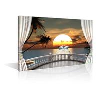 Swan in the Sunset Canvas Paintings Wall Decor 1 Piece Beach View With Window Wall Art Modern Home Decor Posters & Prints Stretched and Framed Ready to Hang (16" Wx24 H)