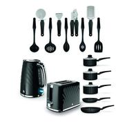 Swan, Kitchen Essentials Bundle with 14 Piece Pan and Tool Set, 1.7L Rapid Boil Kettle and 2 Slice Toaster, Black, EEJB483