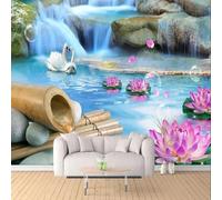 Swan Lake Lotus Rock Waterfall Modern 3D Wallpaper Premium Textured Silk Neutral Tones Material Ideal for Living Room Bedroom-400cm×280cm