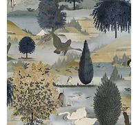 Swan Lake Navy Ochre Wallpaper - Floral Trees Wildlife Nature Scenic - Modern Contemporary Feature Wall