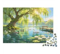 Swan Lake View 1000 Piece Jigsaw Puzzle Paper Puzzle for Adults Willow Tree Scenery Relaxing Focus Family Home Decor Gift 52x38cm/1000pcs