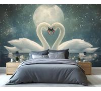 Swan Mural Lake Couple Valentine's Day White Swan Wall Mural Wallpaper Night Scene Moon Starry Sky Wallpaper Lotus Flower Wall Paper for Girls Bedroom Murals Living Room 450X300cm