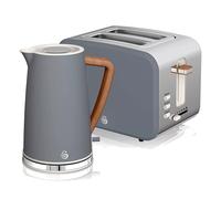 Swan Nordic 1.7L Jug Kettle & 2 Slice Toaster Set Wood Effect Handle- Slate Grey
