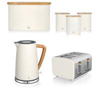 Swan Nordic Cotton White 1.7L Jug Kettle, 4 Slice Toaster, Bread Bin and Canisters. Scandinavian Inspired Minimalist Design Matching Kitchen Set of 6
