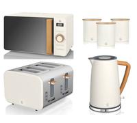 Swan Nordic 6-Piece Kitchen Set White - 1.7L 3000W Kettle, 4-Slice 1500W Toaster, 800W 20L Microwave, 3 Canisters