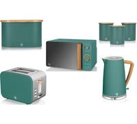 Swan Nordic 7 Piece Kitchen Set in Green Including 1.7L Jug Kettle, 2 Slice Toaster, 800W 20L Microwave, Bread Bin & Tea, Coffee, Sugar Canisters. Scandinavian Style Matching Green Kitchen Set