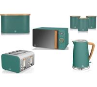 Swan Nordic 7 Piece Kitchen Set in Green Including 1.7L Jug Kettle, 4 Slice Toaster, 800W 20L Microwave, Bread Bin & Tea, Coffee, Sugar Canisters. Scandinavian Style Matching Green Kitchen Set