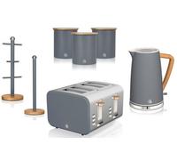 Swan Nordic 7-Piece Slate Grey Kitchen Set - 1.7L Kettle, 4-Slice Toaster, Bread Bin, Canisters, Mug Tree & Towel Pole