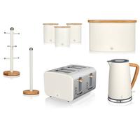 Swan Nordic 8-Piece Cotton White Kitchen Set - 1.7L Kettle, 4-Slice Toaster, Bread Bin, Canisters, Mug Tree & Towel Pole