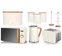 Swan Nordic 9-Piece Kitchen Set Cotton White - Kettle, Toaster, 20L Microwave, Bread Bin