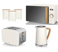Swan Nordic Cotton White 1.7L Jug Kettle, 2 Slice Toaster, 800W 20L Microwave and Tea, Coffee, Sugar Canisters. Scandinavian Inspired Design Matching Kitchen Set of 6 in Cotton White