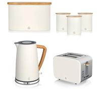 Swan Nordic Cotton White 1.7L Jug Kettle, 2 Slice Toaster, Bread Bin and Tea, Coffee, Sugar Canisters. Scandinavian Inspired Design Matching Kitchen Set of 6 in Cotton White