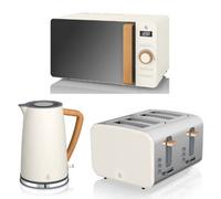Swan Nordic Cotton White 3-Piece Kitchen Set - 1.7L Cordless Kettle, 4-Slice Toaster, 20L Digital Microwave.