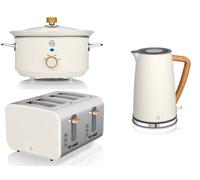 Swan Nordic Cotton White 3-Piece Kitchen Set - 1.7L Kettle, 4-Slice Toaster & 3.5L Slow Cooker