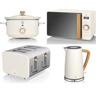 Swan Nordic Cotton White 4-Piece Kitchen Set - 1.7L Cordless Kettle, 4-Slice Toaster, 800W 20L Microwave, 3.5L Slow Cooker