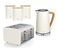 Swan Nordic Cotton White 5-Piece Kitchen Set: 1.7L Kettle, 4-Slice Toaster & Tea, Coffee & Sugar Canisters
