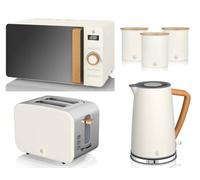 Swan Nordic Cotton White 6-Piece Kitchen Set - 1.7L Jug Kettle, 2-Slice Toaster, 800W 20L Microwave & Canisters