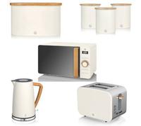 Swan Nordic Cotton White 7-Piece Kitchen Set - 1.7L Jug Kettle, 2-Slice Toaster, 800W 20L Microwave, Bread Bin And Canisters