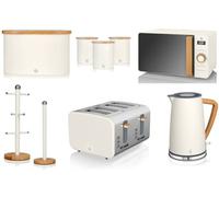 Swan Nordic White 1.7L Jug Kettle, 4 Slice Toaster, 800W 20L Microwave, Bread Bin, Canisters, Mug Tree & Towel Pole. Scandinavian Inspired Design Matching Kitchen Set of 9 in Cotton White