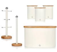 Swan Nordic Cotton White Bread Bin, Canisters, Mug Tree & Towel Pole. Matching Scandinavian Inspired Minimalist Design Kitchen Storage Set of 6