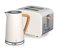 (Grey) Swan Nordic Cotton White Kitchen Set with 1.7L 3Kw Kettle & 2 Slice Toaster, Wood Effect and Soft Touch Matte Finish, Stainless Steel, STP2090WHTN
