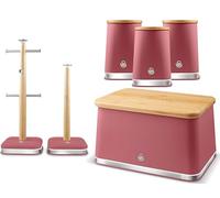 Swan Nordic Fuchsia Rose Bread Bin, Canisters, Mug Tree & Towel Pole. Scandinavian Inspired Minimalist Design Kitchen Storage Set. Matt Fuchsia Finish, Stainless Steel Accents and Acacia Wood