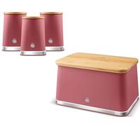 Swan Nordic Fuchsia Rose Bread Bin & Tea, Coffee, Sugar Canisters. Matching Scandinavian Inspired Minimalist Design Kitchen Storage with Fuchsia Matt Finish, Stainless Steel Accents and Acacia Wood