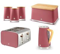 Swan Nordic Fuchsia Rose Kettle, 4 Slice Toaster, Breadbin and Canisters. Matching Kitchen Set of 6 with Fuchsia Matt Finish, Stainless Steel Accents and Acacia Wood