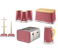 Swan Nordic Fuchsia Rose Kettle, 4 Slice Toaster, Breadbin, Canisters, Mug Tree & Towel Pole. Matching Kitchen Set of 8 with Fuchsia Matt Finish, Stainless Steel Accents and Acacia Wood