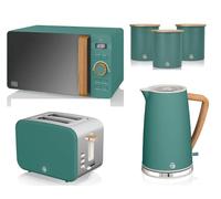 Swan Nordic Green 1.7L Jug Kettle, 2 Slice Toaster, 800W 20L Microwave and Canisters. Scandinavian Inspired Design Matching Kitchen Set of 6 in Pine Green with Wood Effect Accents