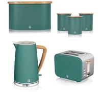 Swan Nordic Green 1.7L Jug Kettle, 2 Slice Toaster, Bread Bin & Canisters. Scandinavian Inspired Design Matching Kitchen Set of 6 in Pine Green