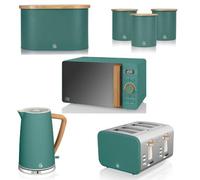Swan Nordic Green 1.7L Jug Kettle, 4 Slice Toaster, 800W 20L Digital Microwave, Bread Bin & Canisters. Scandinavian Inspired Design Matching Kitchen Set of 7 in Pine Green