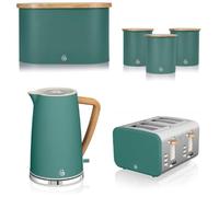 Swan Nordic Green 1.7L Jug Kettle, 4 Slice Toaster, Bread Bin & Canisters. Scandinavian Inspired Design Matching Kitchen Set of 6