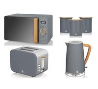 Swan Nordic Grey 1.7L Jug Kettle, 2 Slice Toaster, 800W 20L Digital Microwave & Canisters. Scandinavian Inspired Design Matching Kitchen Set of 6 in n Grey with Wood Accents