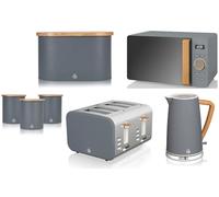 Swan Nordic Grey 1.7L Jug Kettle, 4 Slice Toaster, 800W 20L Microwave, Bread Bin & Canisters. Scandinavian Inspired Minimalist Design Matching Kitchen Set of 7 in Slate Grey with Wood Effect Accents