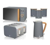 Swan Nordic Grey 1.7L Jug Kettle, 4 Slice Toaster, 800W 20L Microwave & Canisters Set. Scandinavian Inspired Minimalist Design Matching Kitchen Set of 6 in Slate Grey with Wood Effect Accents