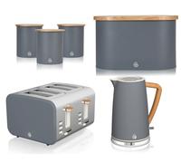 Swan Nordic Grey 1.7L Jug Kettle, 4 Slice Toaster, Bread Bin & Canisters. Scandinavian Inspired Minimalist Design Matching Kitchen Set of 6 in Slate Grey with Wood Effect Accents