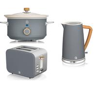 Swan Nordic Grey 3-Piece Kitchen Set - 1.7L Cordless Kettle, 2-Slice Toaster, 3.5L Slow Cooker