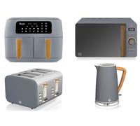 Swan Nordic Grey 4-Piece Kitchen Set - 1.7L Cordless Kettle, 4-Slice Toaster, 8L Dual-Basket 13-In-1 Air Fryer, 800W 20L Microwave