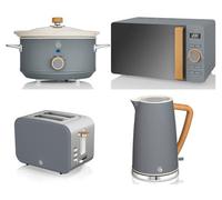 Swan Nordic Grey 4-Piece Kitchen Set - 1.7L Kettle, 2-Slice Toaster, 800W 20L Microwave, 3.5L Slow Cooker